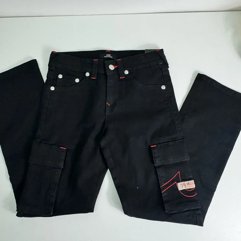 True Religion Black Kids Cargo Jeans with Red Stitching Sz 12 NWT